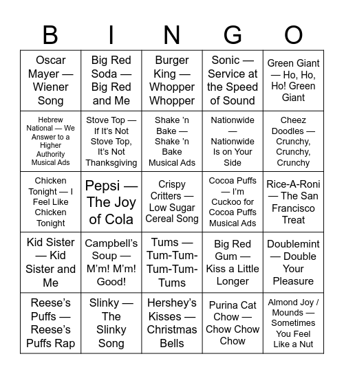TV Commercial Jingles Bingo Card