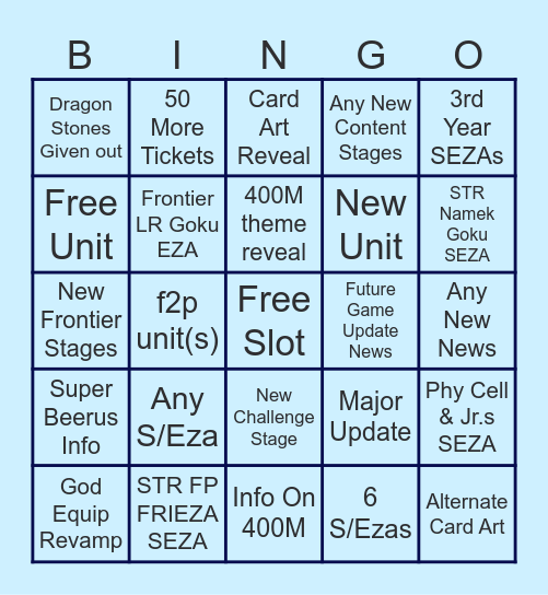 Dokkan Producer Letter Predictions Bingo Card