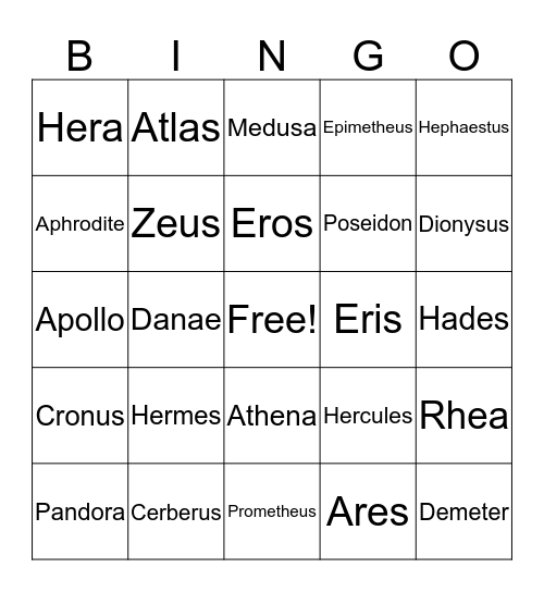 Mythology Bingo Card