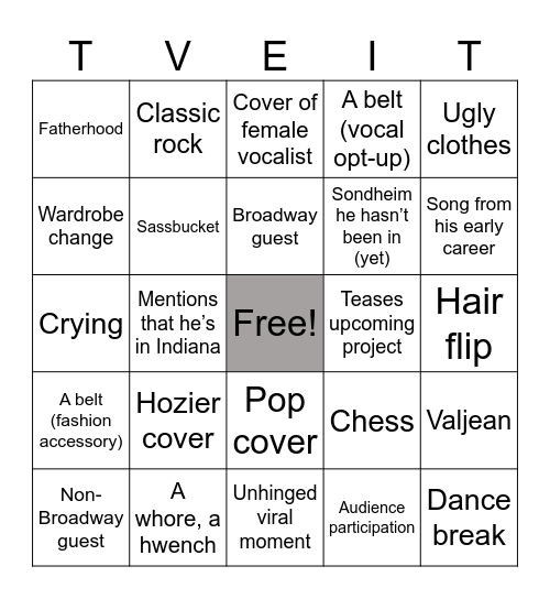 Cabaret Indiana Concerts Bingo Card