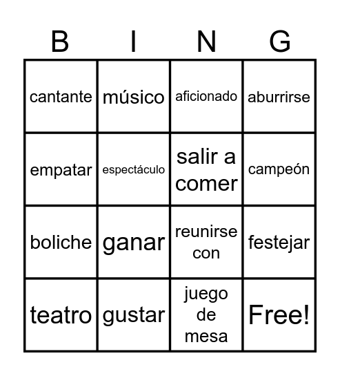 español 4 unit 2 diversiones Bingo Card