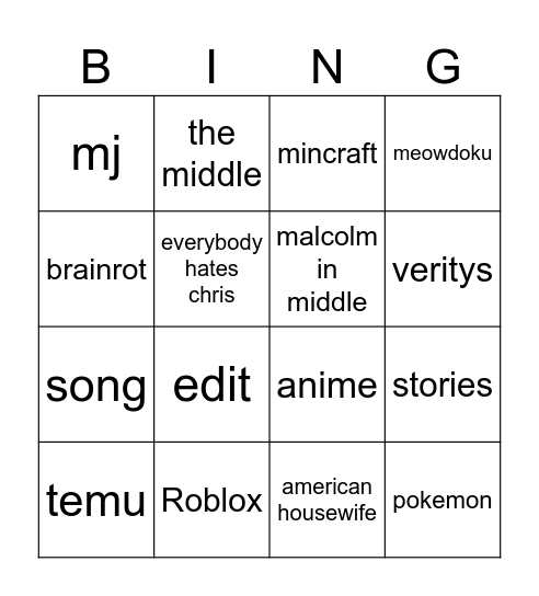 youtube bingo Card