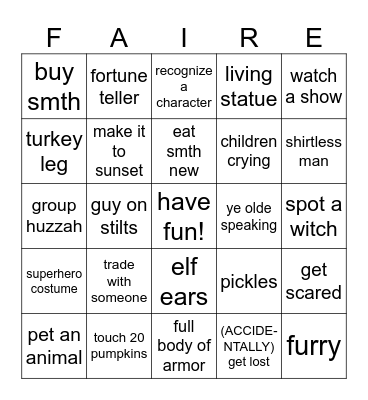 Scarborough hollow ren faire bingo :-) Bingo Card