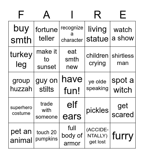 Scarborough hollow ren faire bingo :-) Bingo Card