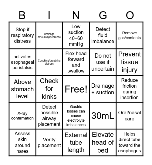 NG TUBE BINGO Card