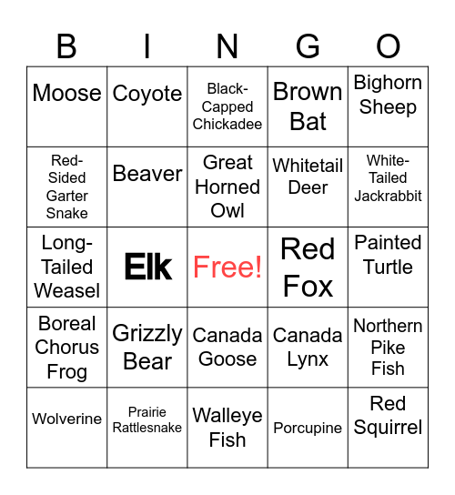 Albertan Animal Bingo Card