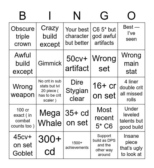 Genshin find Bingo Card