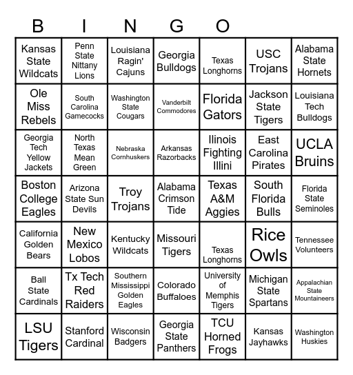 College Football Teams Bingo Card