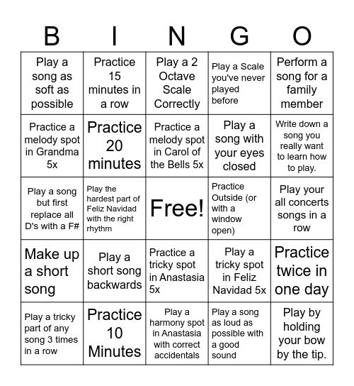 Chamber Practice Bingo Card