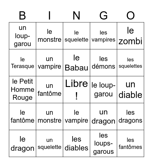 Les Monstres Bingo Card