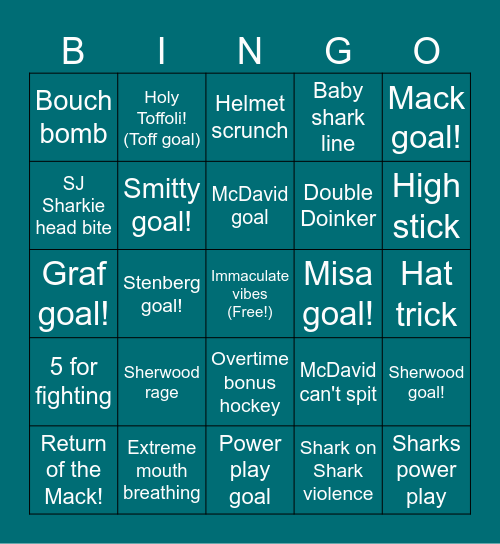 Sharks vs. Oilers Bingo Card