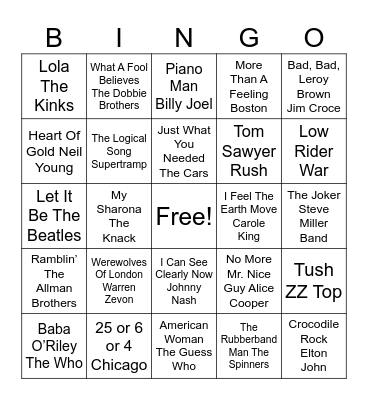 Mostly 1970's Bingo Card