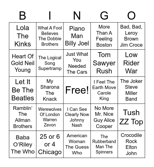 Mostly 1970's Bingo Card