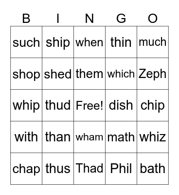 Digraphs Bingo Card