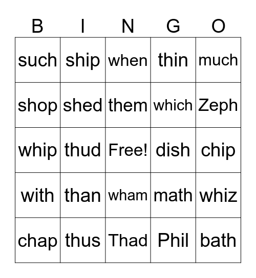Digraphs Bingo Card