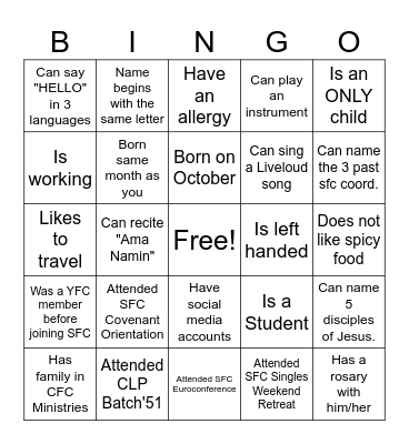 SFC HUMAN BINGO Card