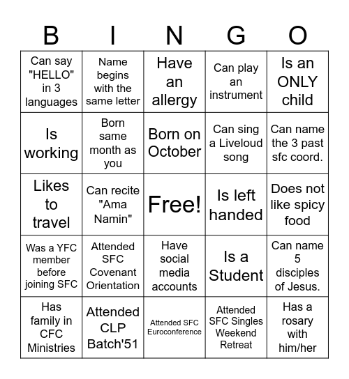 SFC HUMAN BINGO Card