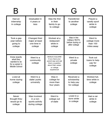 College and Career Bingo Card
