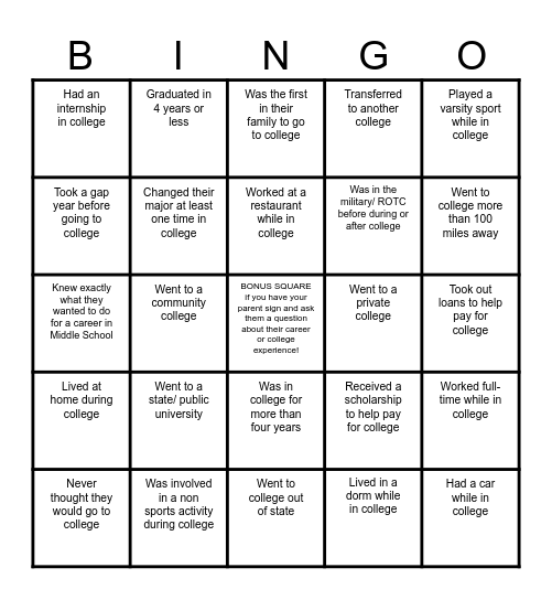 College and Career Bingo Card