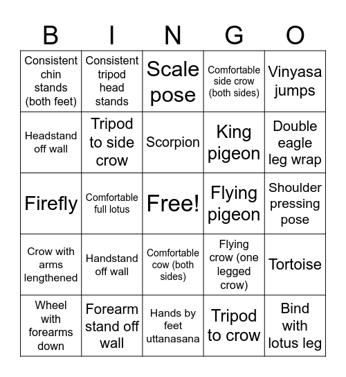 Advanced Asana Bingo Card