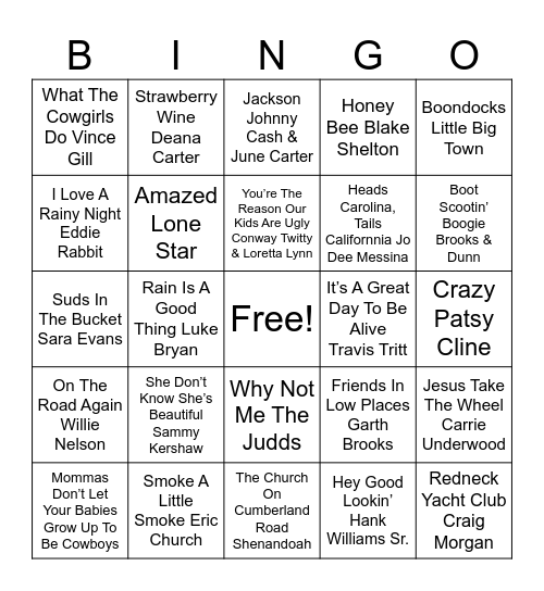 Country Mix Bingo Card