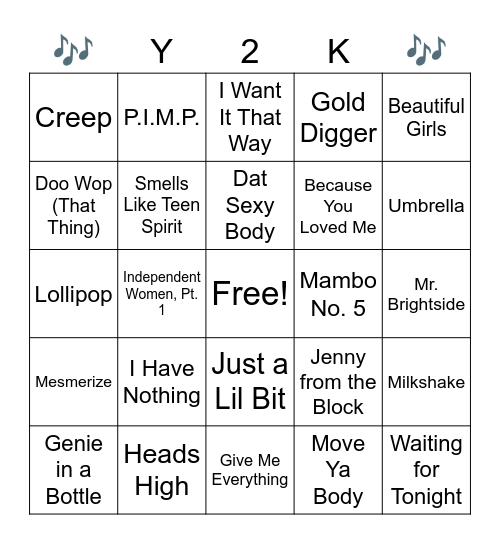 Y2K Hits Bingo Card