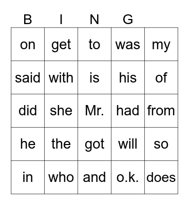 Sight Word Bingo OG up to L14 Bingo Card