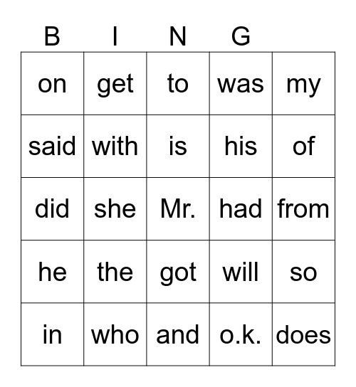 Sight Word Bingo OG up to L18 Bingo Card