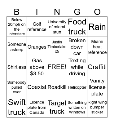 road tripppp  Bingo Card