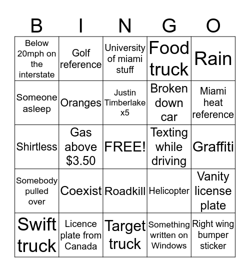 road tripppp  Bingo Card