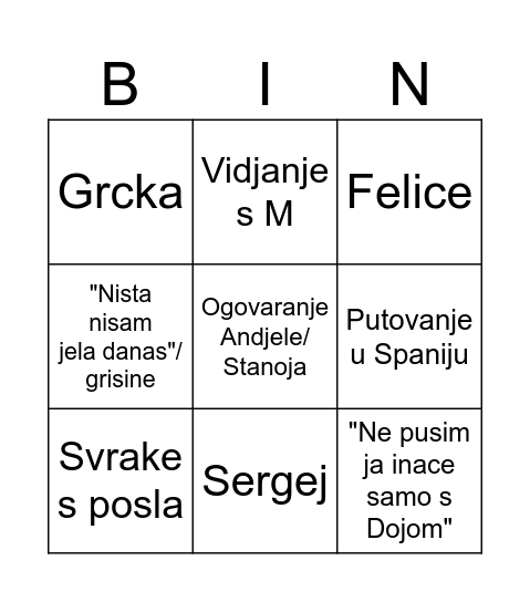 Doja i ja Bingo Card