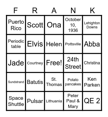 FRANK-0 Bingo Card