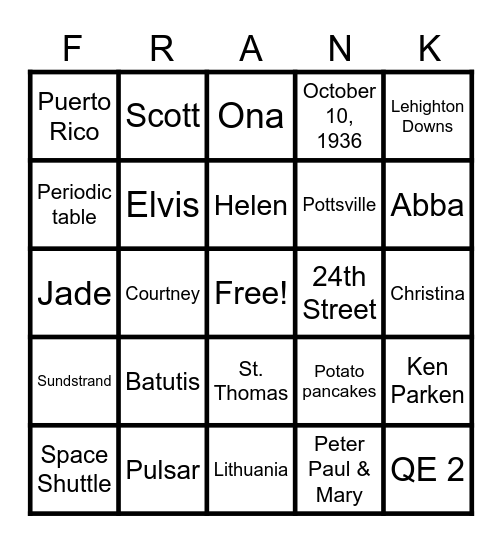 FRANK-0 Bingo Card