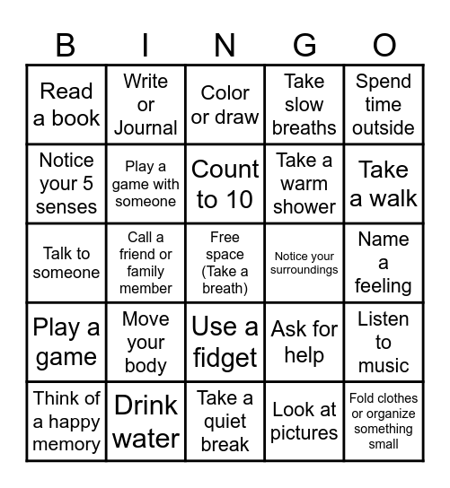 Coping Skills Bingo Card