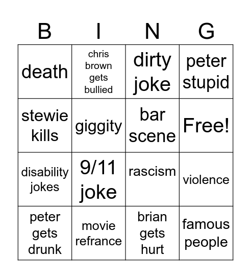 family guy Bingo Card