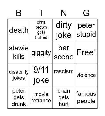 family guy Bingo Card