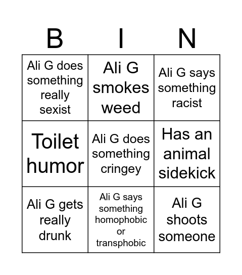 Ali G "Indahouse" Movie Bingo Card Bingo Card