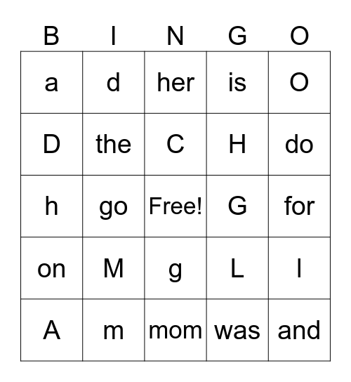 Kindergarten M-H Bingo Card