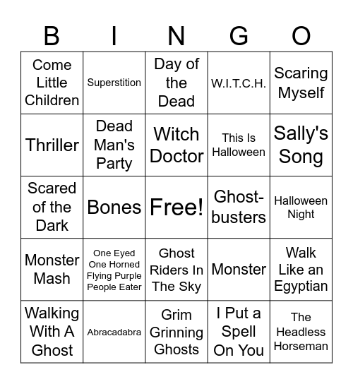 Halloween Song BINGO Card