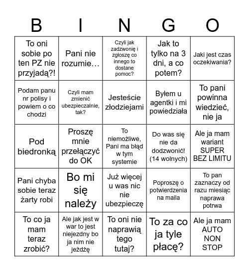 Assistance Bingo Card