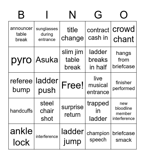 WWE Money In The Bank 2026 Bingo Card