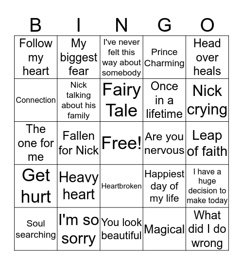 Nick "The Bachelor" Bingo Card