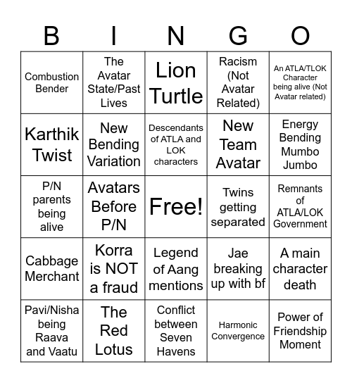 Avatar Seven Havens Predictions Bingo Card