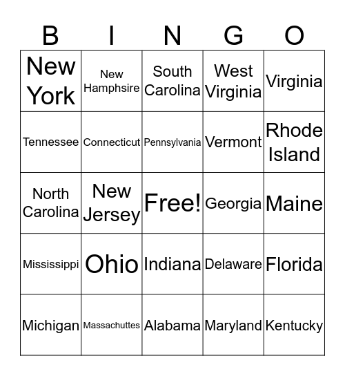 Eastern U.S. Bingo Card
