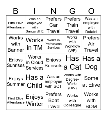 Traveling Consultant Users Group BINGO Card