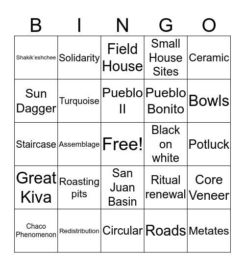 Chaco Bingo Card