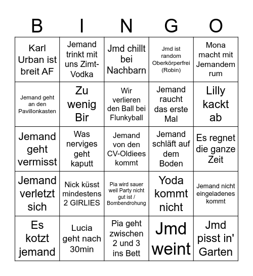 Pias Ultimative Fete Bingo Card