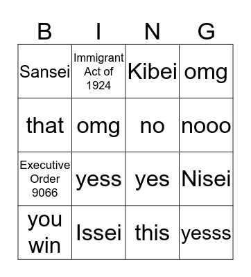 Japanese American Internment Bingo Card