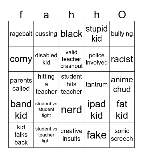 school craziness Bingo Card