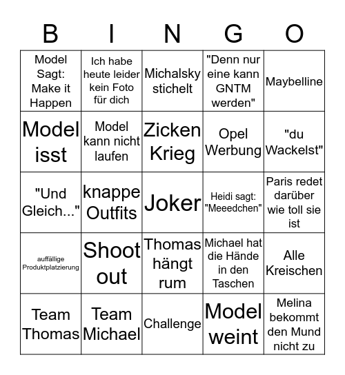 Topmodel Bingo Card